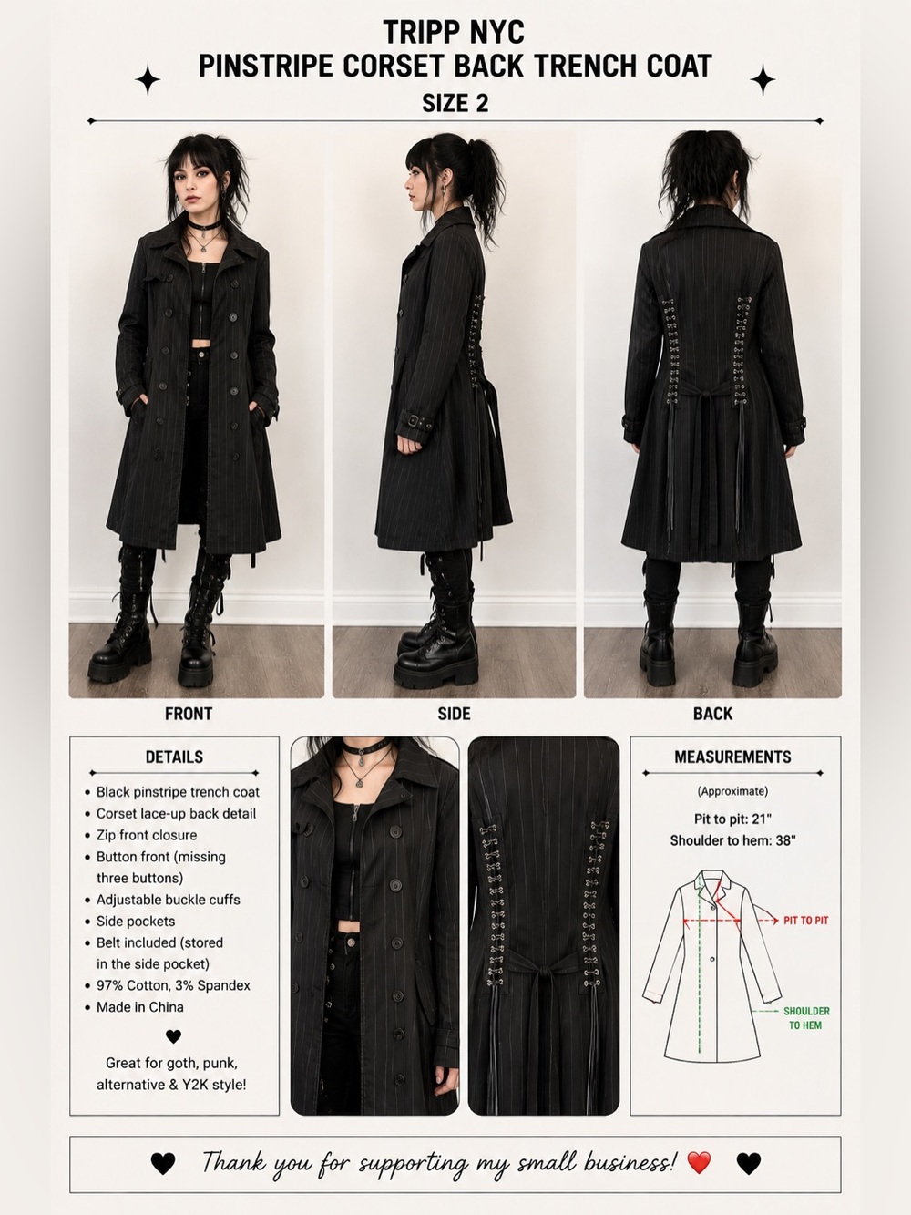 TRIPP NYC Black Pinstripe Corset Lace Up Trench Coat Jacket Size 2 Goth Punk